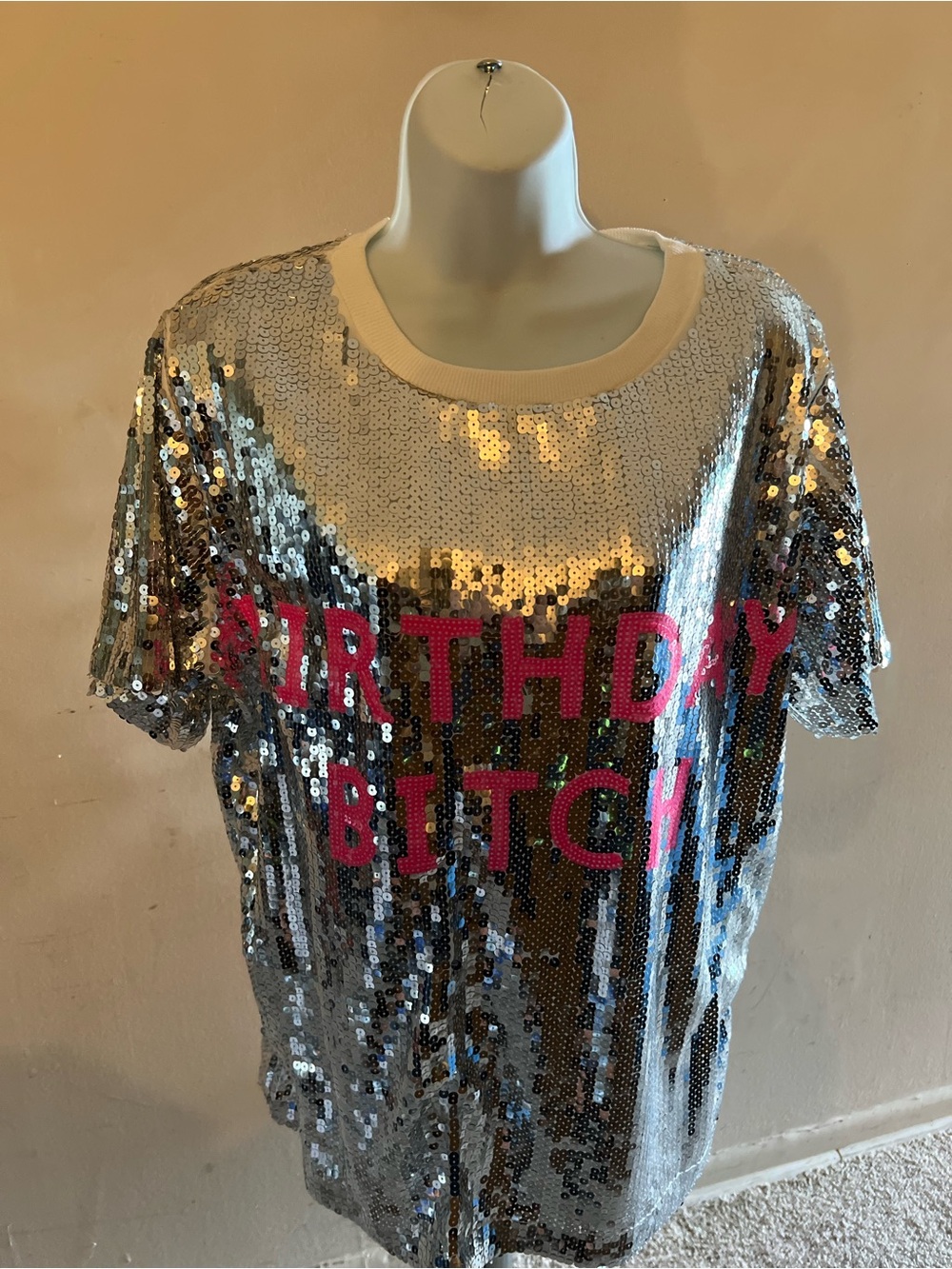 Sequin "Birthday *** “Short Sleeve Tunic Top - Silver/Pink